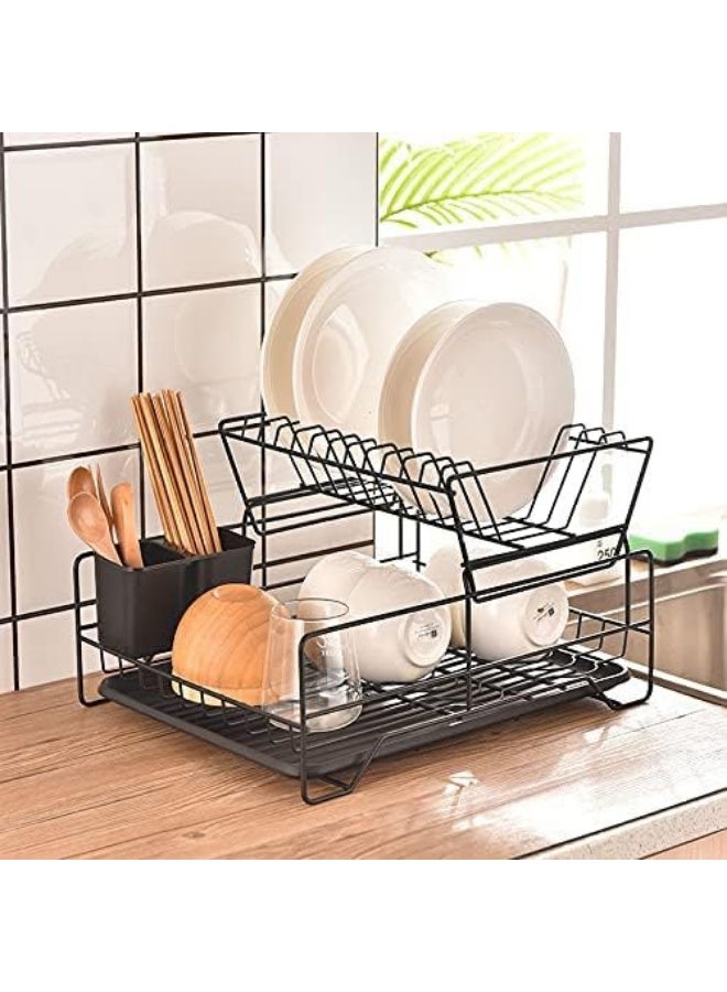 مطبقيه امريكي و مصفاة الحوض و مطبقيه رف تخزين لتجفيف الأطباق مكون من طبقتين أسود ضد الصدا - Image 1